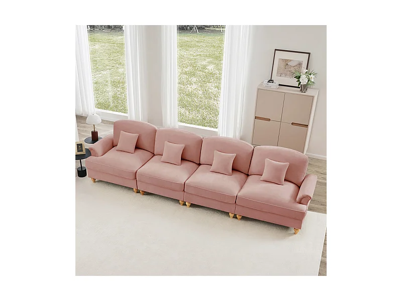 Canapé 4 places modulable en Chenille - avec cantonnière amovible et 4 oreillers - 350x83,5x93cm - Rose