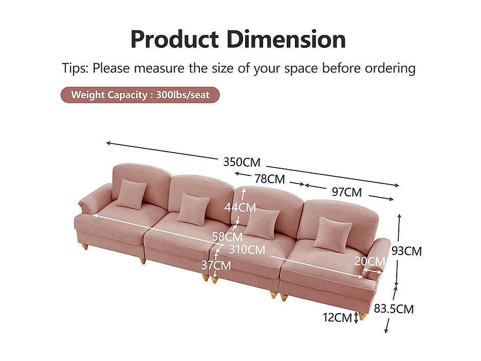 Canapé 4 places modulable en Chenille - avec cantonnière amovible et 4 oreillers - 350x83,5x93cm - Rose
