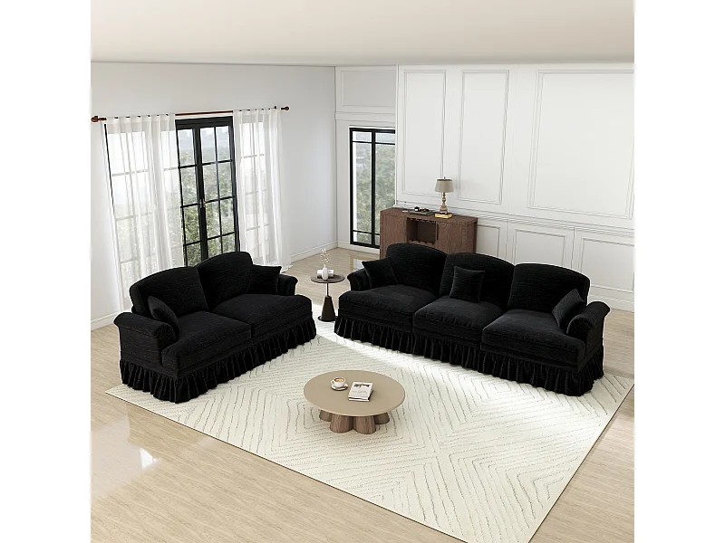 Set 2 Modulare Couchen Chenille 2+3-Sitzer - Abnehmbarer Überwurf und 5 Kissen - 58cm Tiefe - Schwarz