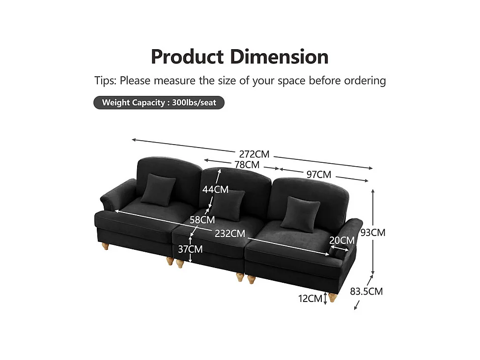 Lot de 2 canapé modulable en Chenille - 2+3 places - avec cantonnière amovible et 5 oreillers - 58cm profond - Noir
