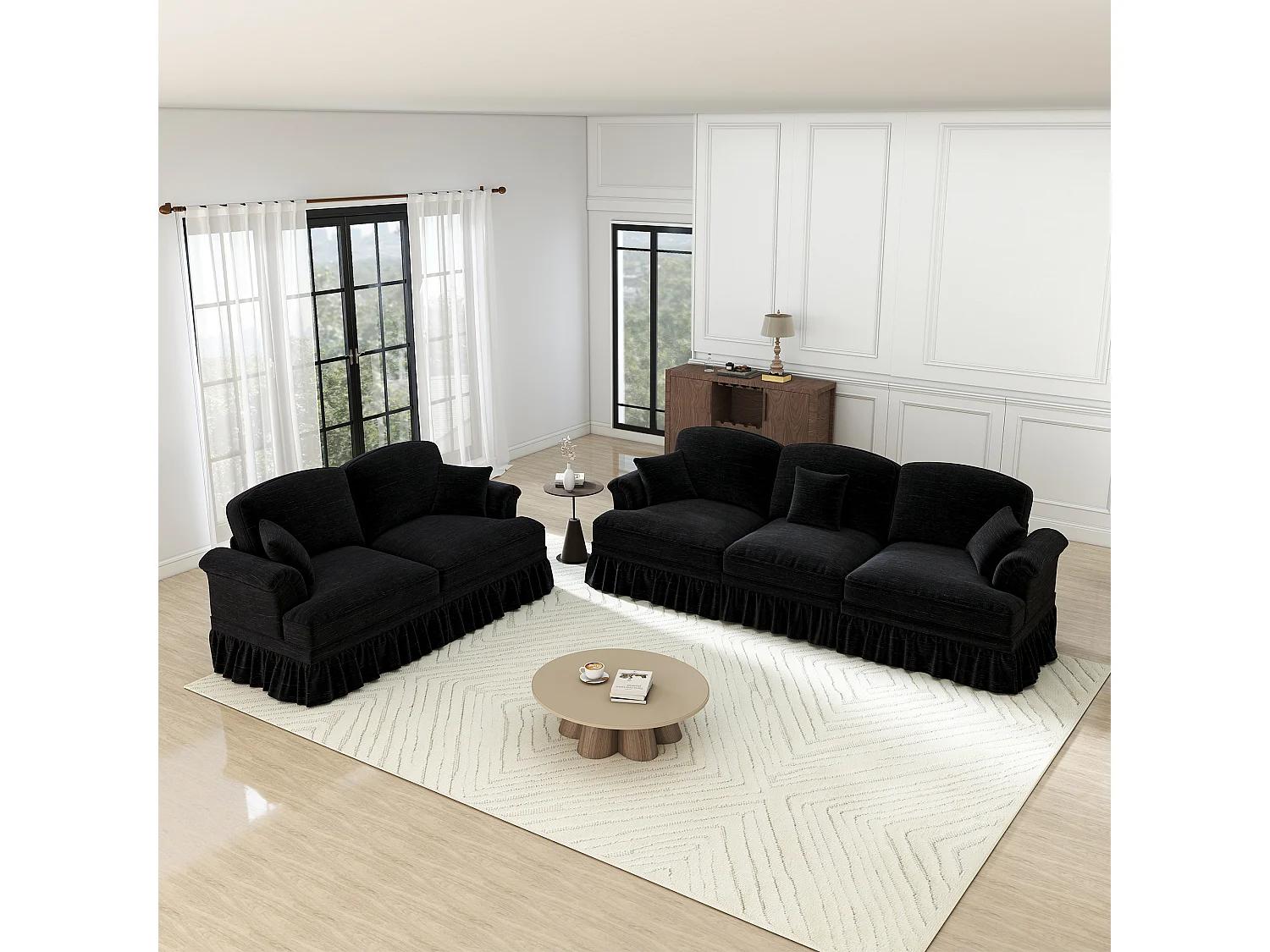 Lot de 2 canapé modulable en Chenille - 2+3 places - avec cantonnière amovible et 5 oreillers - 58cm profond - Noir