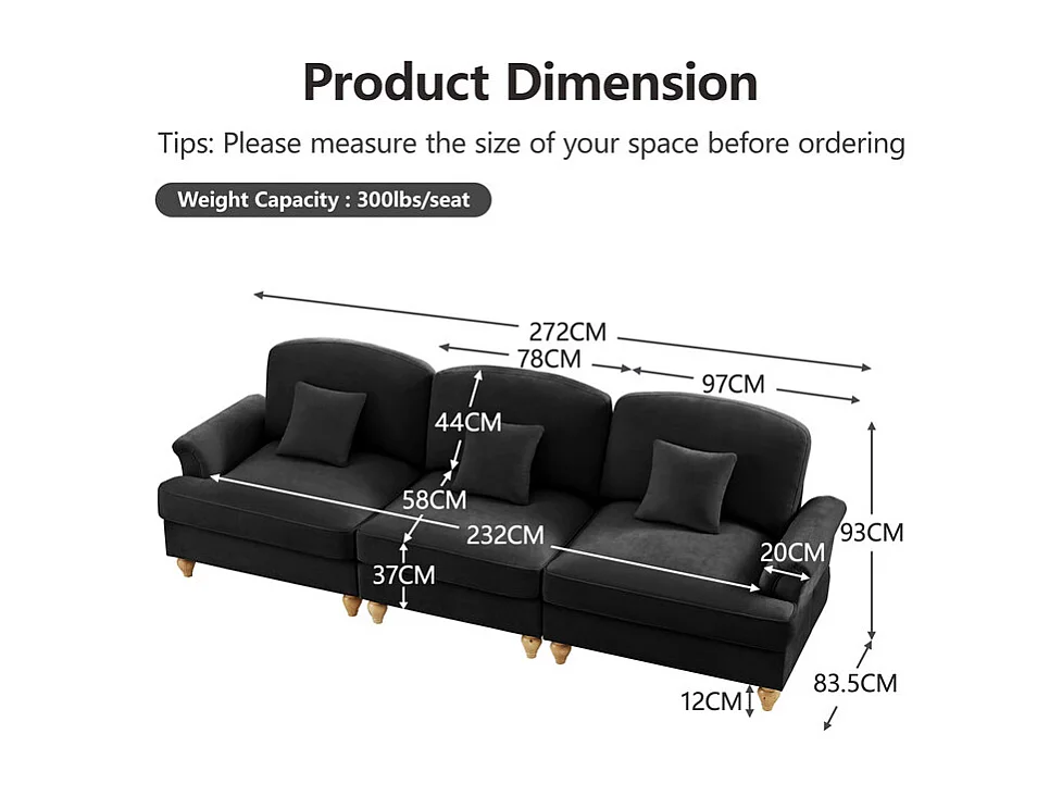 Lot de 2 canapé modulable en Chenille - 2+3 places - avec cantonnière amovible et 5 oreillers - 58cm profond - Noir