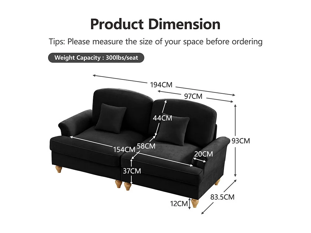 Lot de 2 canapé modulable en Chenille - 2+3 places - avec cantonnière amovible et 5 oreillers - 58cm profond - Noir