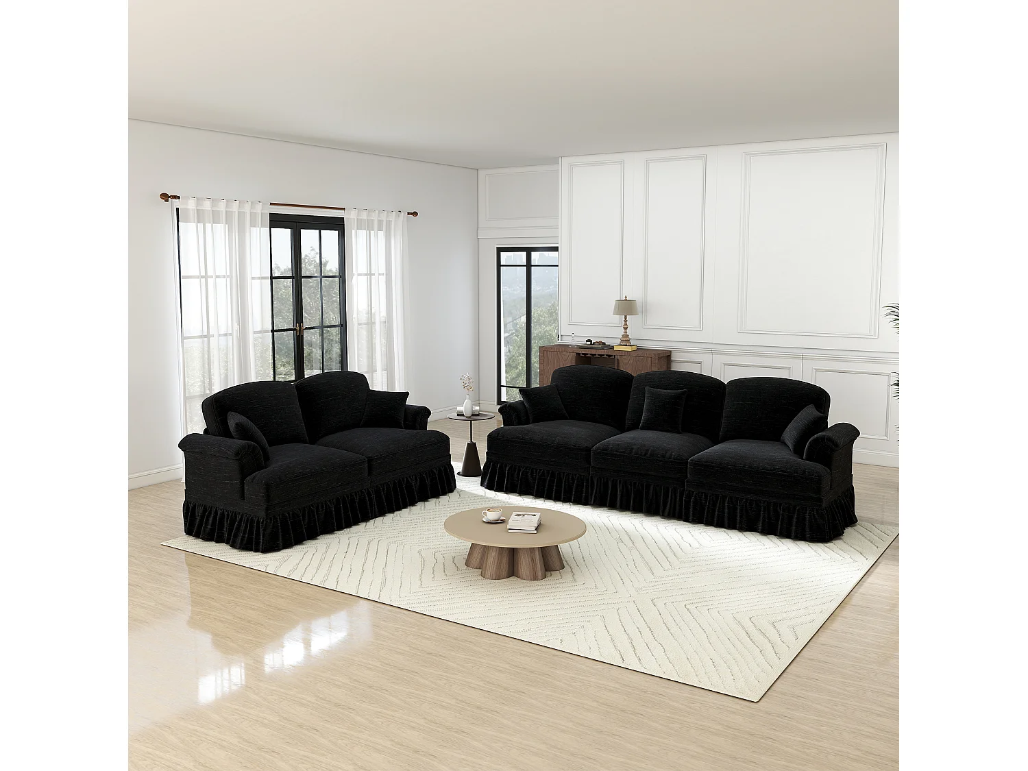 Lot de 2 canapé modulable en Chenille - 2+3 places - avec cantonnière amovible et 5 oreillers - 58cm profond - Noir