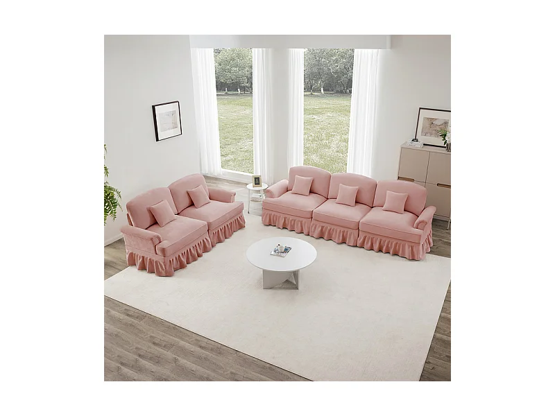 Lot de 2 canapé modulable en Chenille - 2+3 places - avec cantonnière amovible et 5 oreillers - 58cm profond - Rose