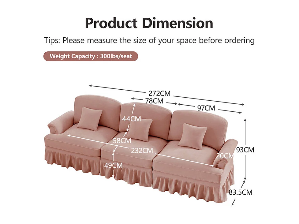 Lot de 2 canapé modulable en Chenille - 2+3 places - avec cantonnière amovible et 5 oreillers - 58cm profond - Rose