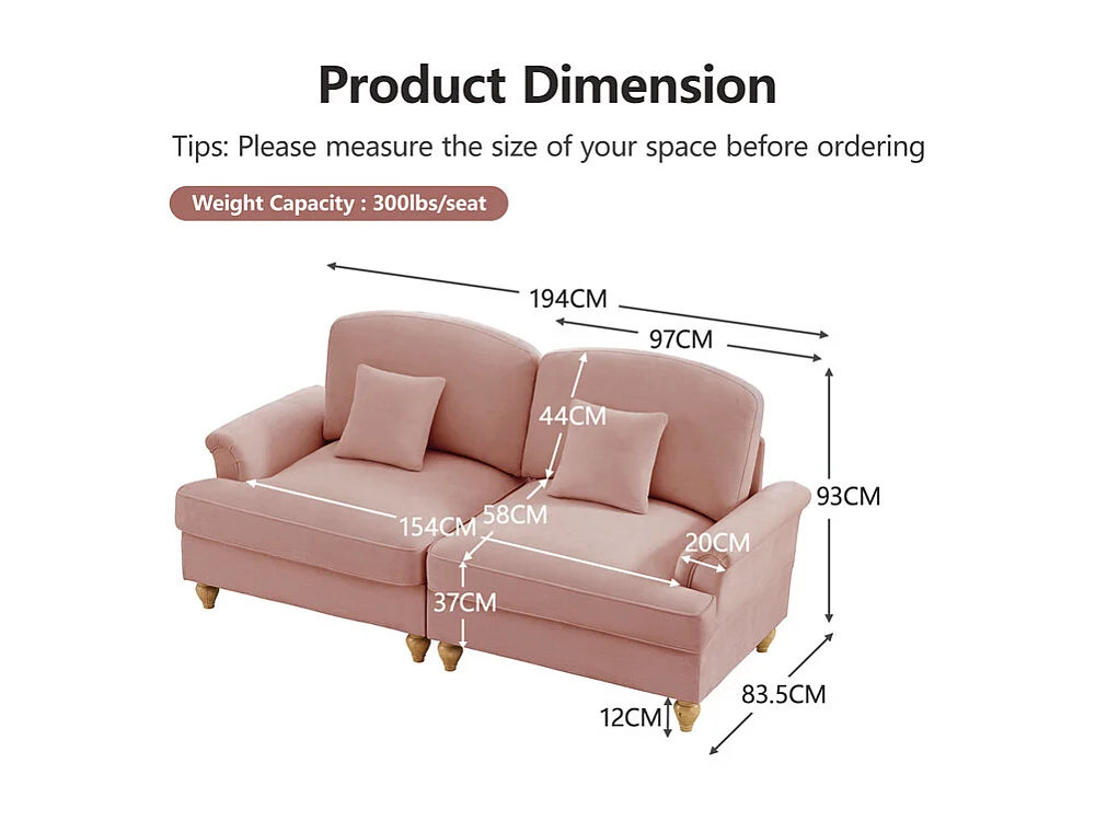 Lot de 2 canapé modulable en Chenille - 2+3 places - avec cantonnière amovible et 5 oreillers - 58cm profond - Rose