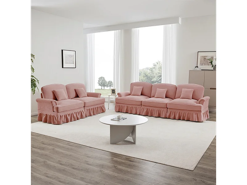 Set 2 Modulaire Banken Chenille 2+3-Zits - Afneembare Hoes en 5 Kussens - 58cm Diepte - Roze