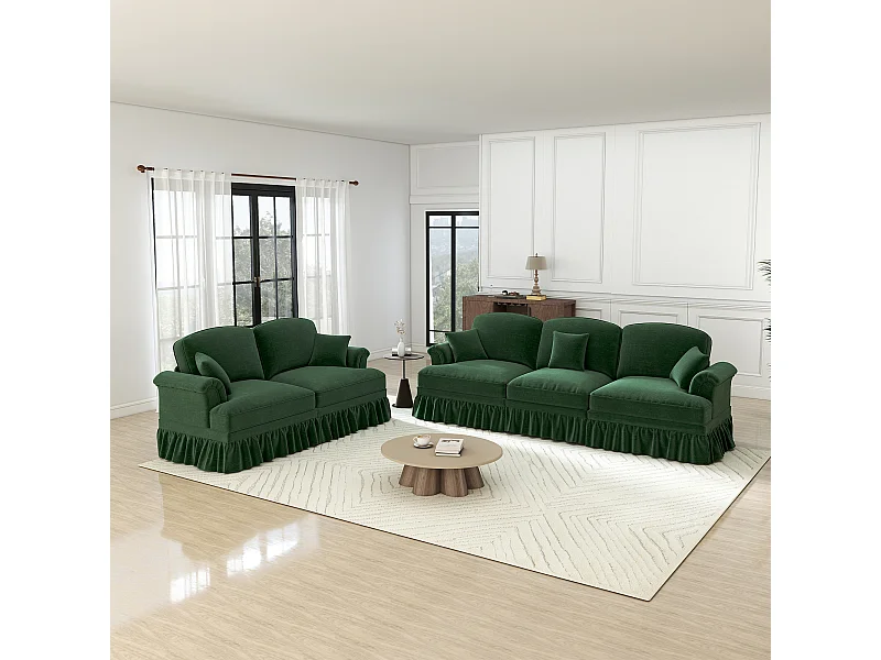 Set 2 Modulare Couchen Chenille 2+3-Sitzer - Abnehmbarer Überwurf und 5 Kissen - 58cm Tiefe - Grün