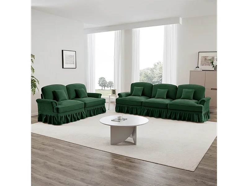 Lot de 2 canapé modulable en Chenille - 2+3 places - avec cantonnière amovible et 5 oreillers - 58cm profond - Vert