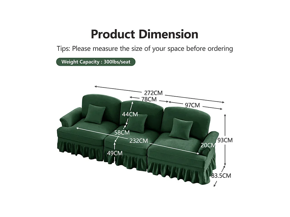Lot de 2 canapé modulable en Chenille - 2+3 places - avec cantonnière amovible et 5 oreillers - 58cm profond - Vert