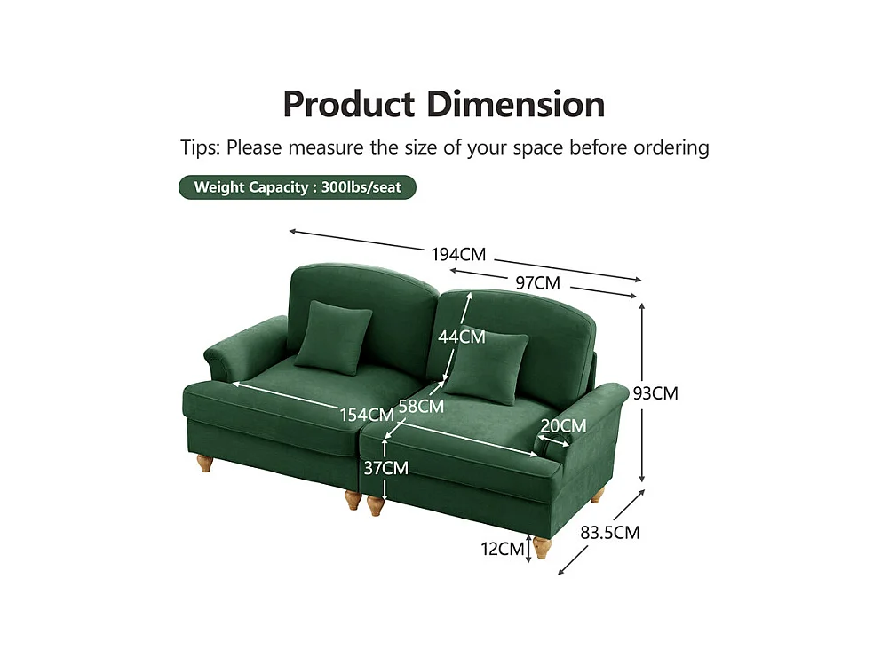 Lot de 2 canapé modulable en Chenille - 2+3 places - avec cantonnière amovible et 5 oreillers - 58cm profond - Vert