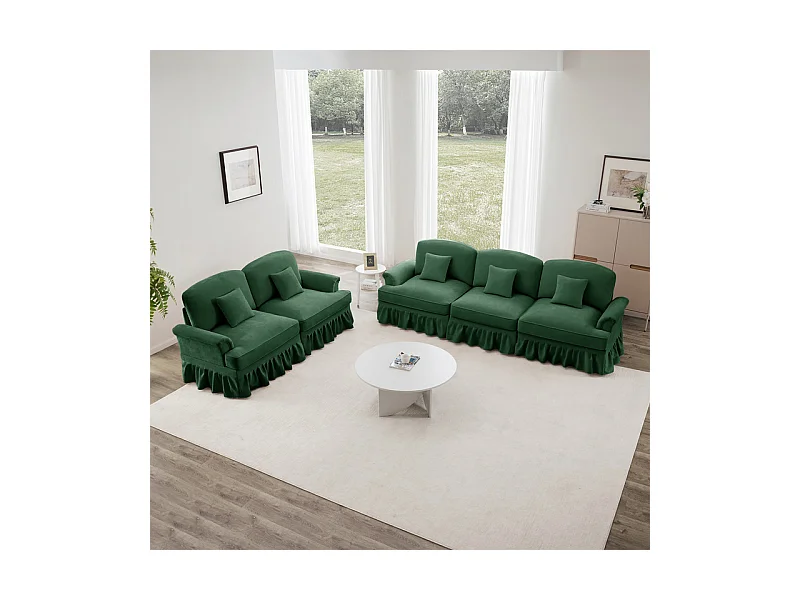 Lot de 2 canapé modulable en Chenille - 2+3 places - avec cantonnière amovible et 5 oreillers - 58cm profond - Vert