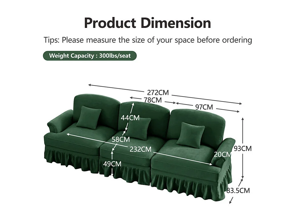 Lot de 2 canapé modulable en Chenille - 2+3 places - avec cantonnière amovible et 5 oreillers - 58cm profond - Vert
