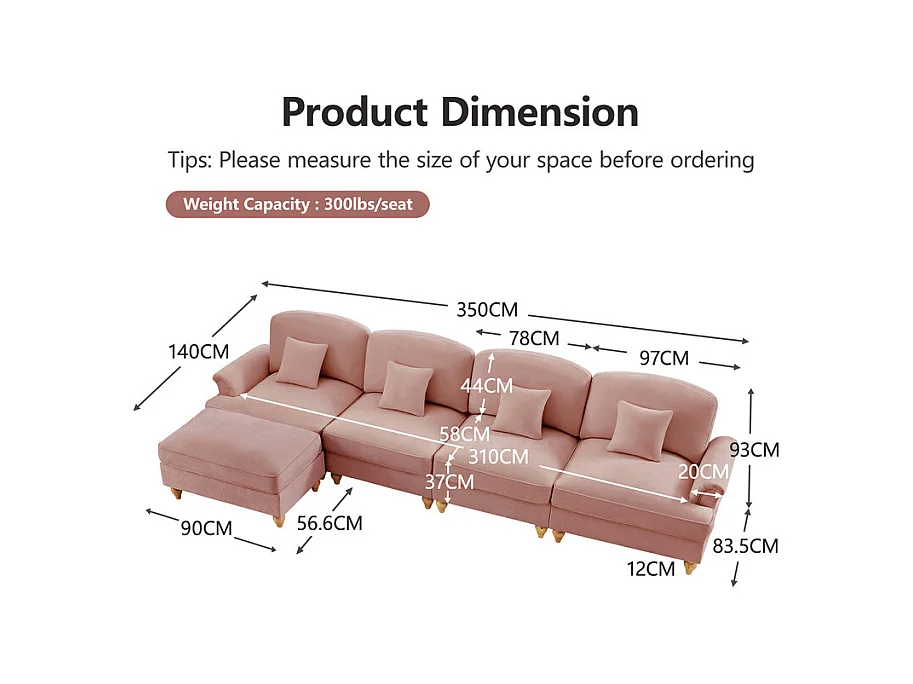 Sofá Cantinho Modular 4 Lugares em L - Chenille - Capa Removível e Puf - 350x140x93cm - Rosa