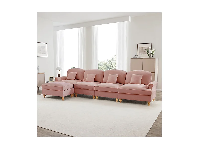 Sofá Cantinho Modular 4 Lugares em L - Chenille - Capa Removível e Puf - 350x140x93cm - Rosa