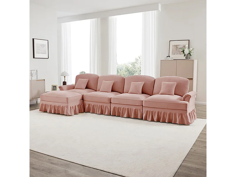 Canapé 4 places d’angle Modulable en L - Chenille - avec cantonnière amovible et pouf mobile - 350x140x93cm - Rose
