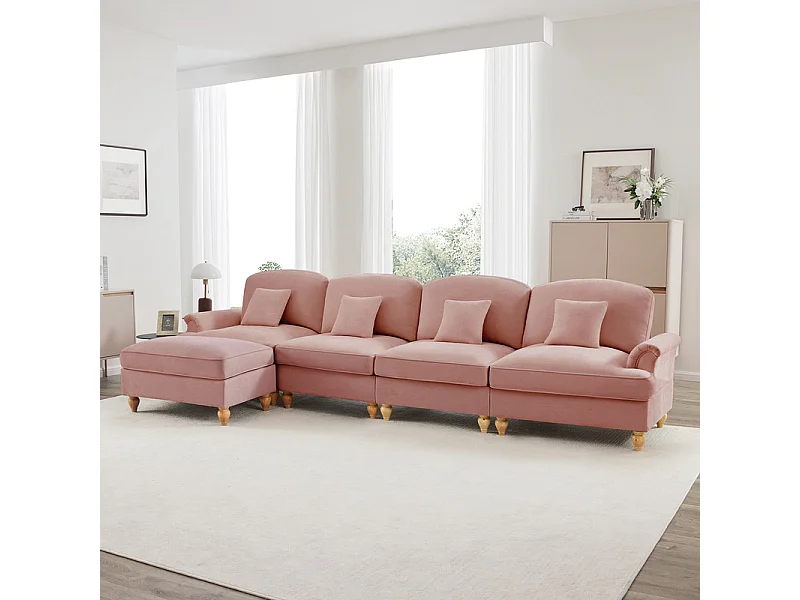 Canapé 4 places d’angle Modulable en L - Chenille - avec cantonnière amovible et pouf mobile - 350x140x93cm - Rose