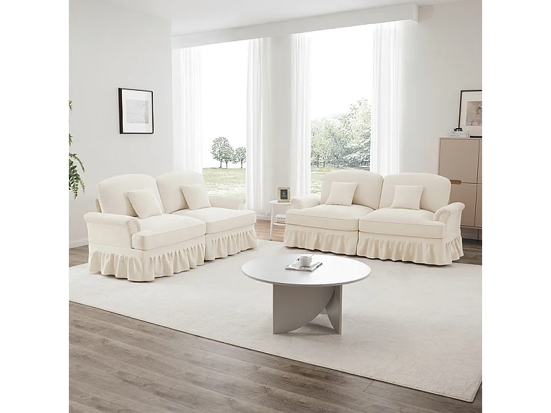 Set di 2 Divani in Ciniglia 2 Posti - Coprimaterasso Rimovibile e 4 Cuscini - 194x83.5x93cm - Beige