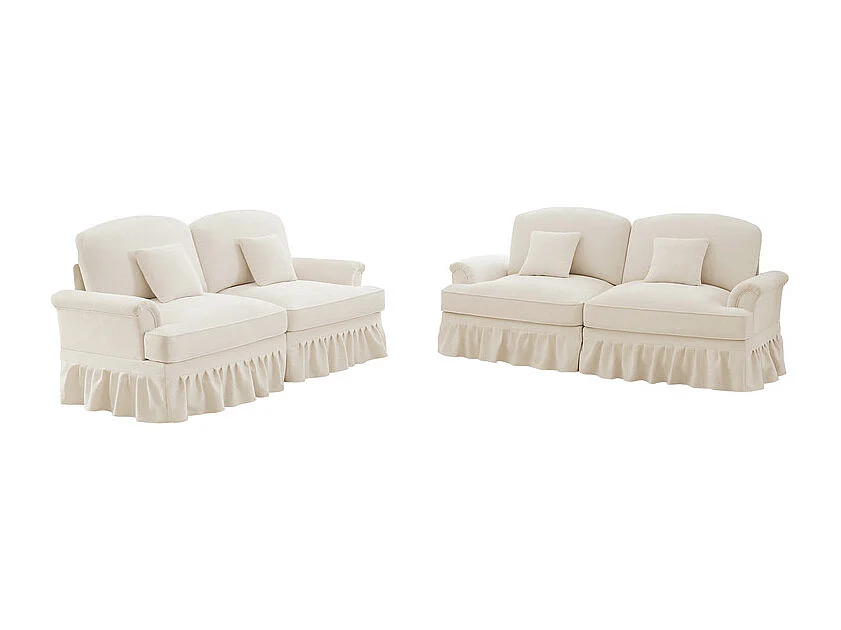Lot de 2 canapé en Chenille - 2 places - avec cantonnière amovible et 4 oreillers - 194x83,5x93cm - Beige