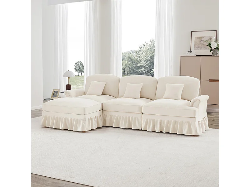 Sofá Cantinho Modular 3 Lugares Chenille - Capa Removível e Puf Móvel - 272x140x93cm - Bege