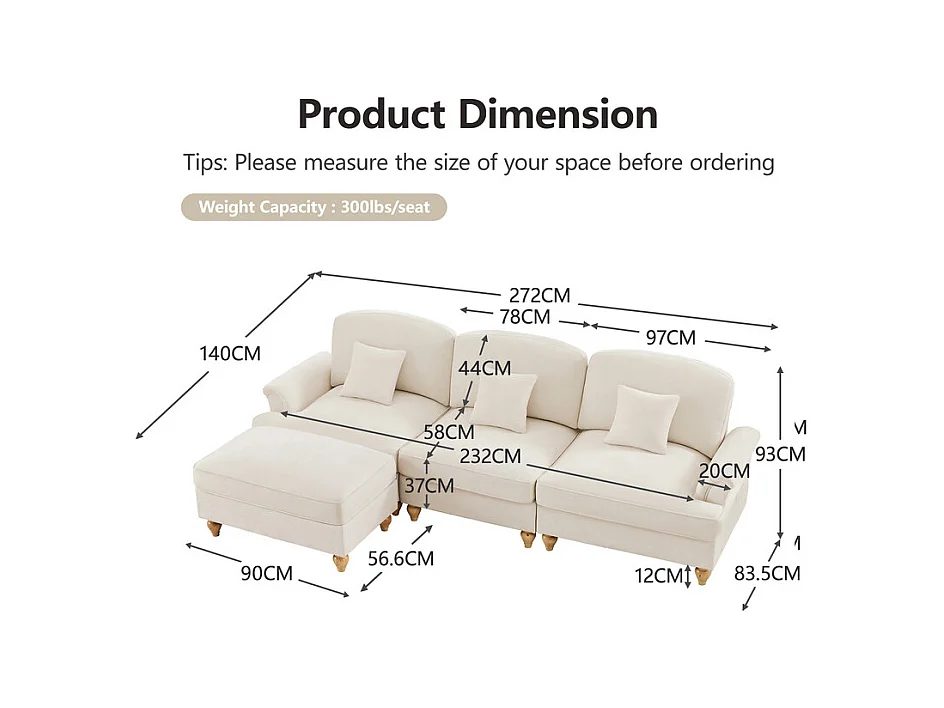 Sofá Cantinho Modular 3 Lugares Chenille - Capa Removível e Puf Móvel - 272x140x93cm - Bege