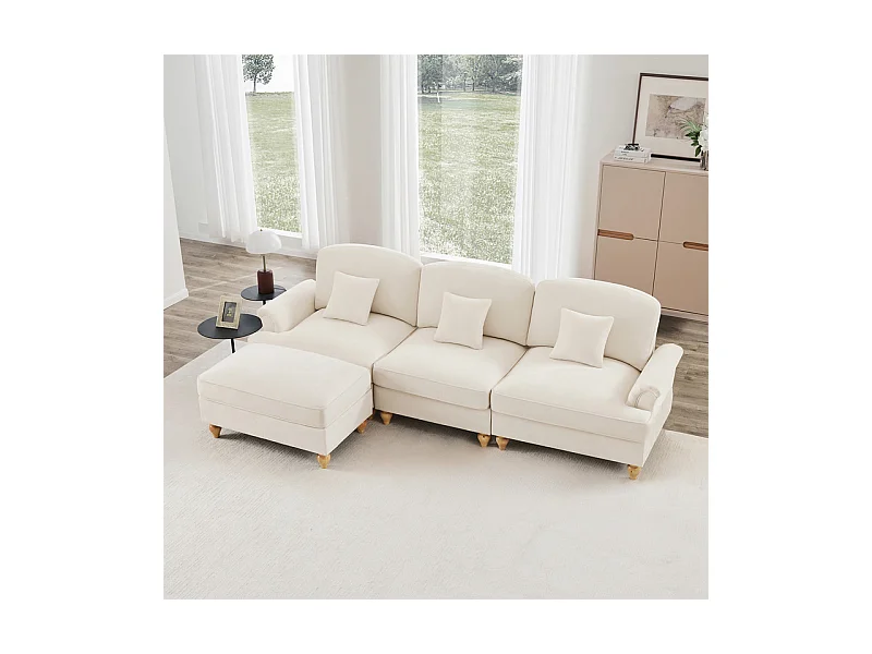 Sofá Cantinho Modular 3 Lugares Chenille - Capa Removível e Puf Móvel - 272x140x93cm - Bege