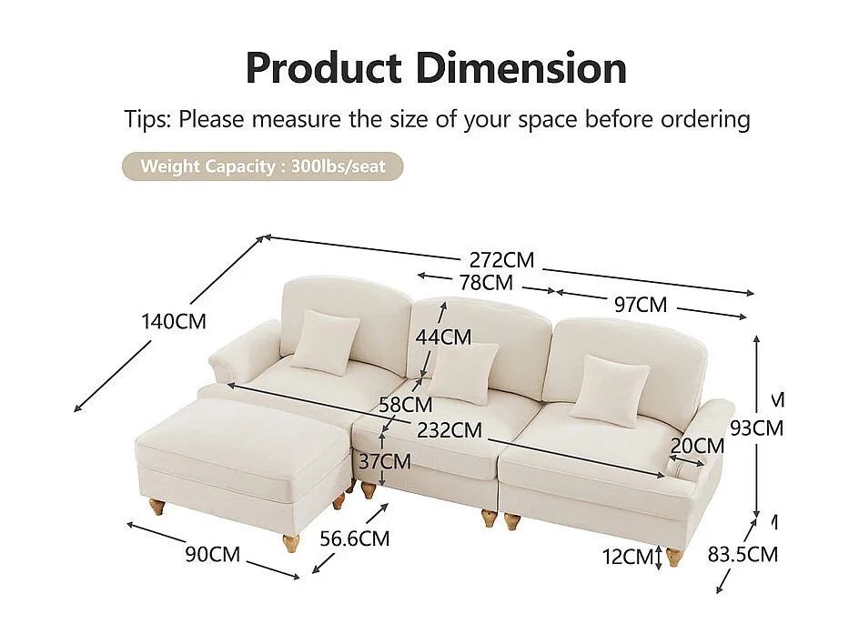 Canapé 3 places d’angle modulable en Chenille - avec cantonnière amovible et pouf mobile - 272x140x93cm - Beige