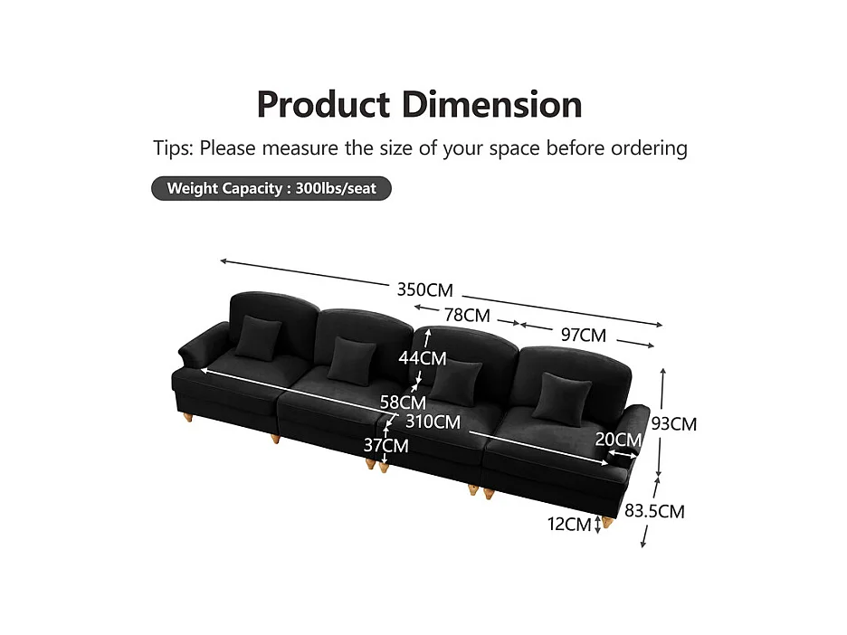 Canapé 4 places modulable en Chenille - avec cantonnière amovible et 4 oreillers - 350x83,5x93cm - Noir