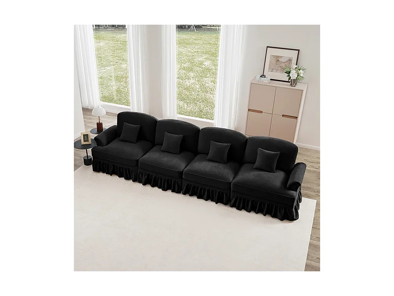 Canapé 4 places modulable en Chenille - avec cantonnière amovible et 4 oreillers - 350x83,5x93cm - Noir