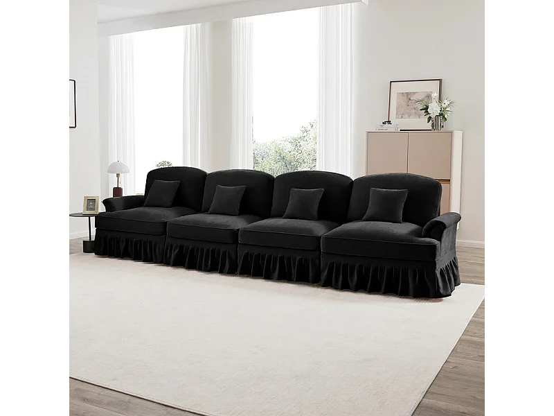 Canapé 4 places modulable en Chenille - avec cantonnière amovible et 4 oreillers - 350x83,5x93cm - Noir