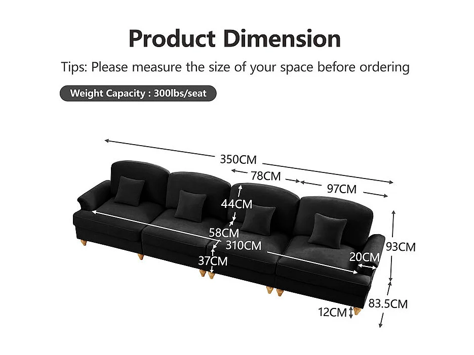 Canapé 4 places modulable en Chenille - avec cantonnière amovible et 4 oreillers - 350x83,5x93cm - Noir