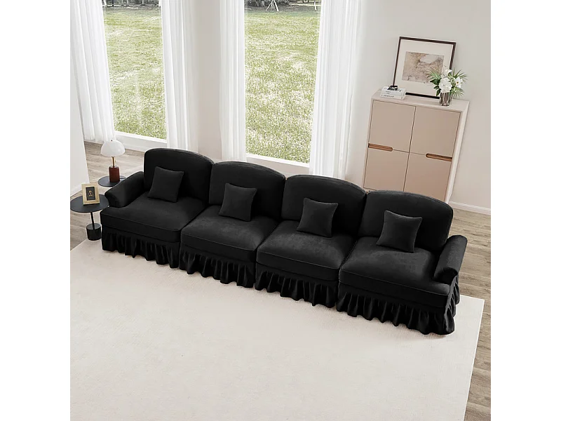 Canapé 4 places modulable en Chenille - avec cantonnière amovible et 4 oreillers - 350x83,5x93cm - Noir