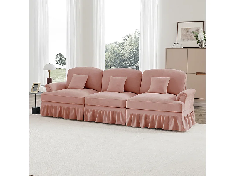 Canapé 3 places en Chenille milieu du siècle, avec cantonnière amovible et 3 oreillers, 272x83.5x93cm, Rose