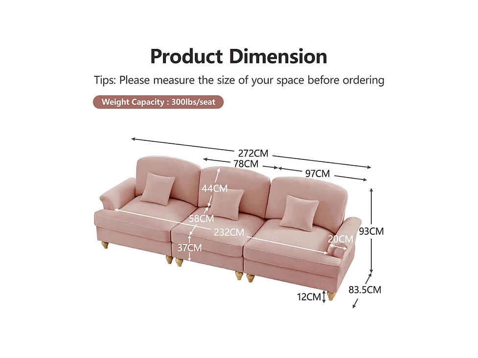 Canapé 3 places en Chenille milieu du siècle, avec cantonnière amovible et 3 oreillers, 272x83.5x93cm, Rose