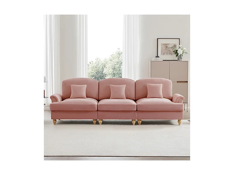 Canapé 3 places en Chenille milieu du siècle, avec cantonnière amovible et 3 oreillers, 272x83.5x93cm, Rose