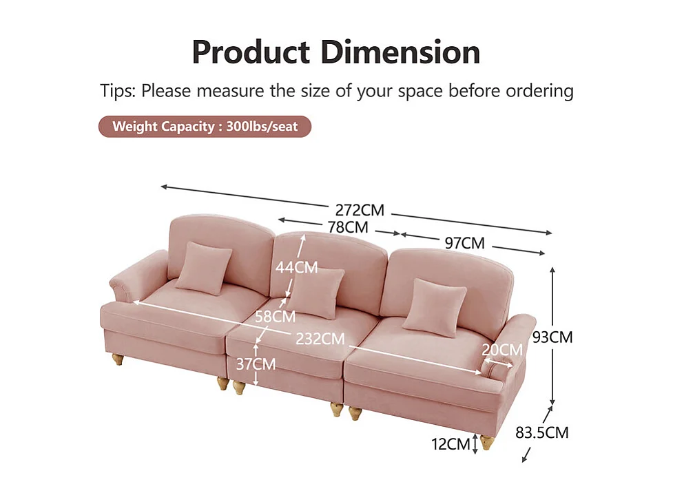 Canapé 3 places en Chenille milieu du siècle, avec cantonnière amovible et 3 oreillers, 272x83.5x93cm, Rose