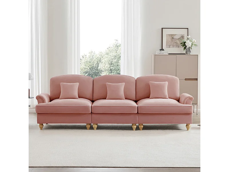 Canapé 3 places en Chenille milieu du siècle, avec cantonnière amovible et 3 oreillers, 272x83.5x93cm, Rose