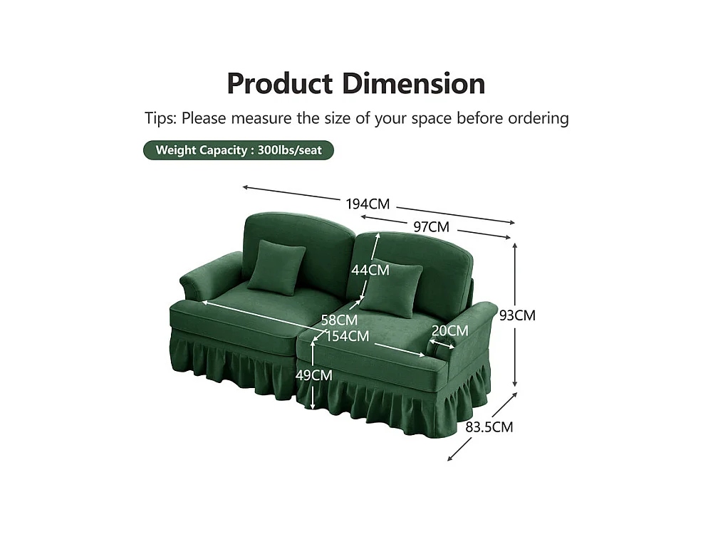 Grand canapé 2 places en Chenille - avec cantonnière amovible et 2 oreillers - 194x83,5x93cm - Vert