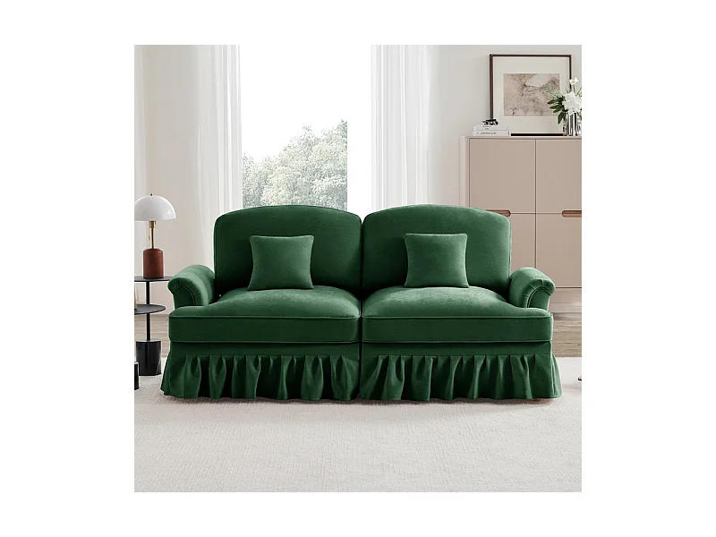 Grand canapé 2 places en Chenille - avec cantonnière amovible et 2 oreillers - 194x83,5x93cm - Vert