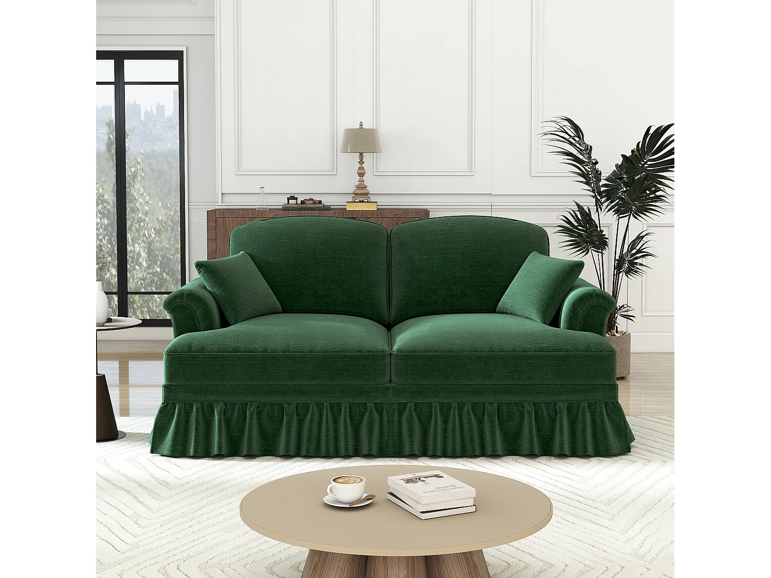 Grand canapé 2 places en Chenille - avec cantonnière amovible et 2 oreillers - 194x83,5x93cm - Vert