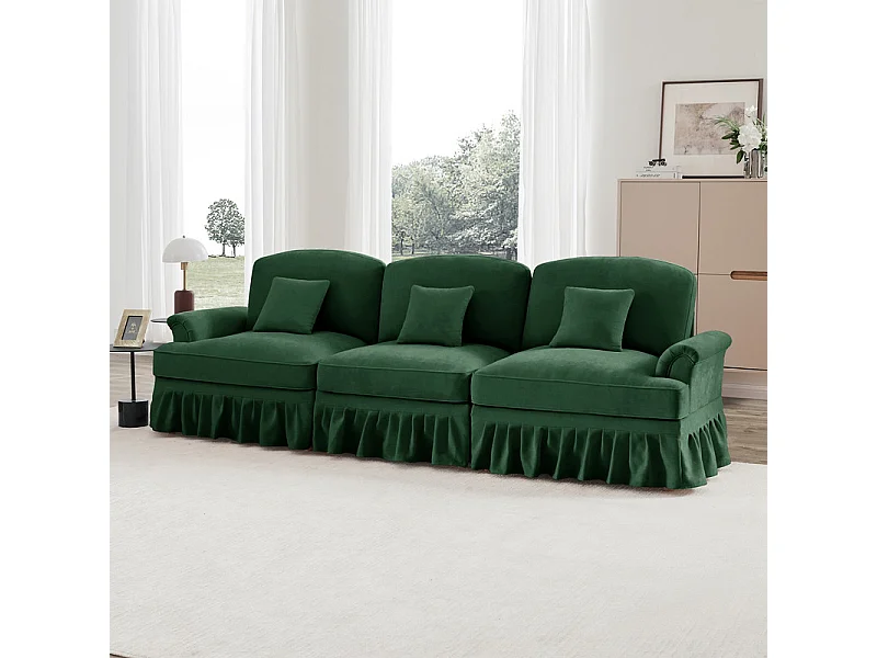 ‎3-Sitzer Sofa Chenille Mid-Century, Abnehmbarer Überwurf und 3 Kissen, 272x83.5x93cm, Grün
