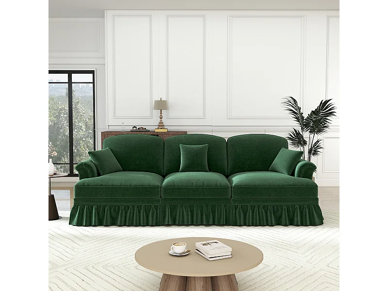 3-Zits Bank Chenille Mid-Century, Afneembare Hoes en 3 Kussens, 272x83.5x93cm, Groen