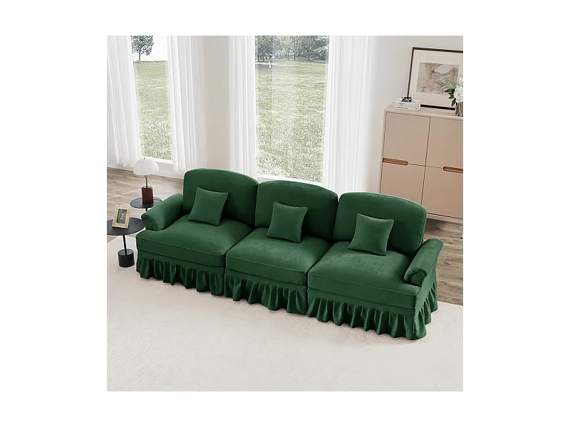 Canapé 3 places en Chenille milieu du siècle, avec cantonnière amovible et 3 oreillers, 272x83.5x93cm, Vert