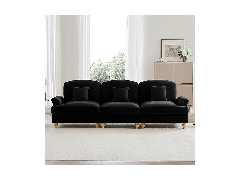 Canapé 3 places en Chenille milieu du siècle, avec cantonnière amovible et 3 oreillers, 272x83.5x93cm, Noir