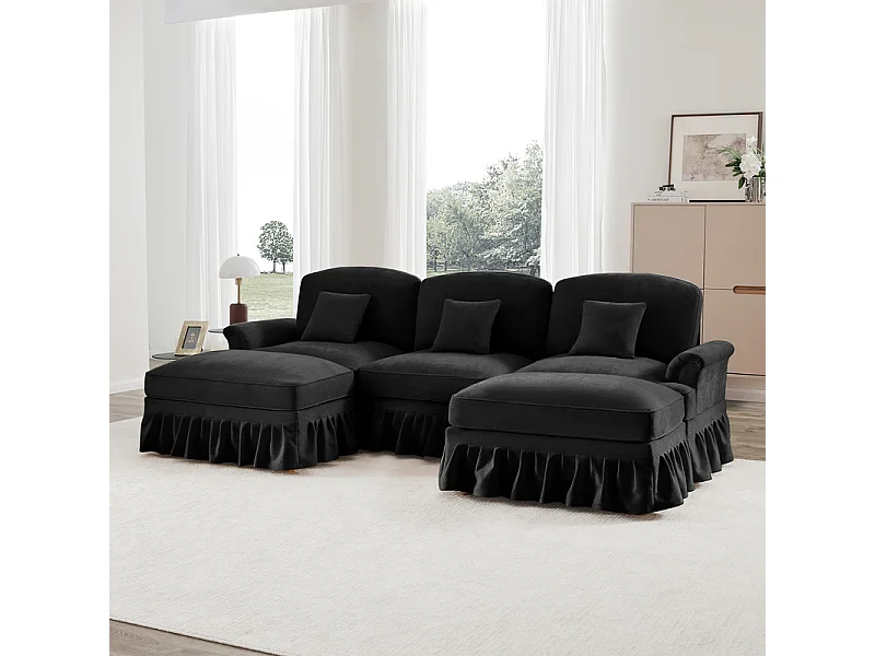 Sofá Cantinho Modular 3 Lugares em U - Chenille - Capa Removível e 2 Pufs - 272x140x93cm - Preto