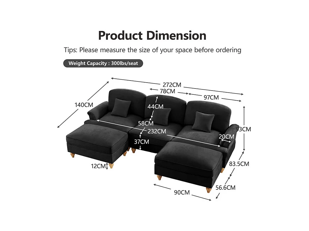 Sofá Cantinho Modular 3 Lugares em U - Chenille - Capa Removível e 2 Pufs - 272x140x93cm - Preto