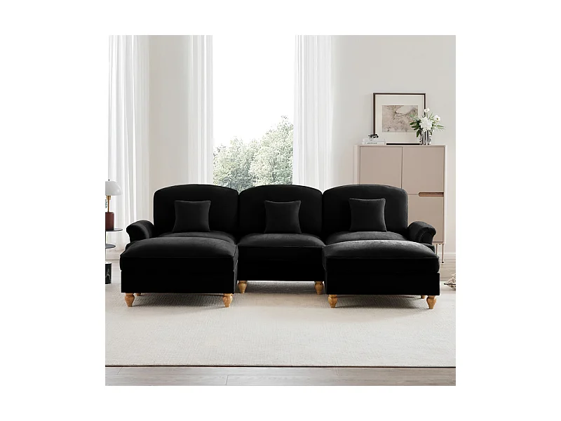 Sofá Cantinho Modular 3 Lugares em U - Chenille - Capa Removível e 2 Pufs - 272x140x93cm - Preto