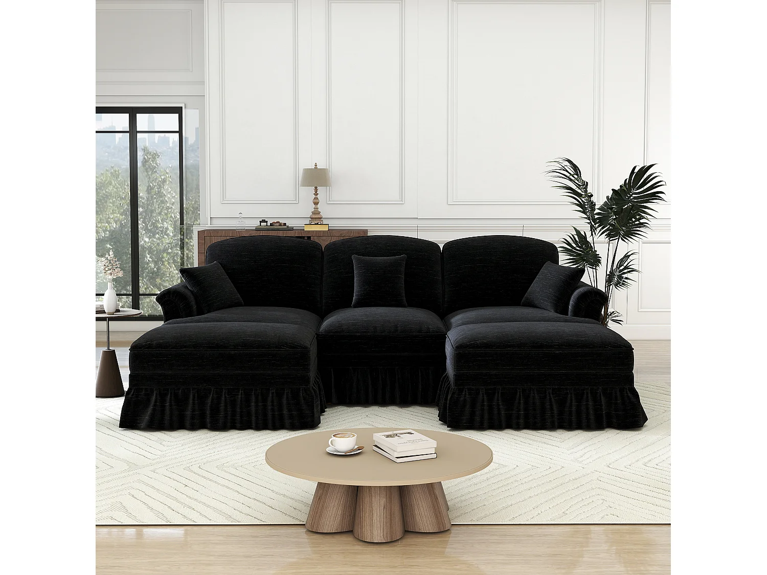 Modulare U-Form Eckcouch 3-Sitzer - Chenille - Abnehmbarer Überwurf und 2 Hocker - 272x140x93cm - Schwarz