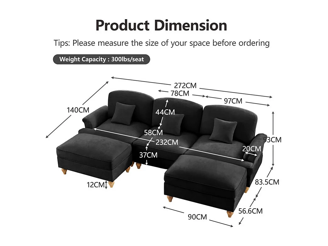 Modulare U-Form Eckcouch 3-Sitzer - Chenille - Abnehmbarer Überwurf und 2 Hocker - 272x140x93cm - Schwarz